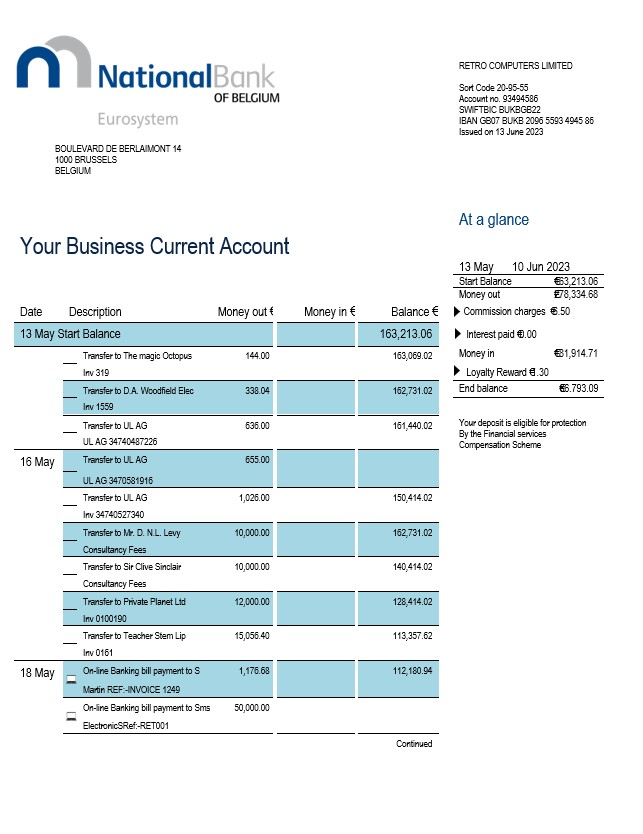 Modèle Word et PDF de relevé d'entreprise de la Banque Nationale de Belgique